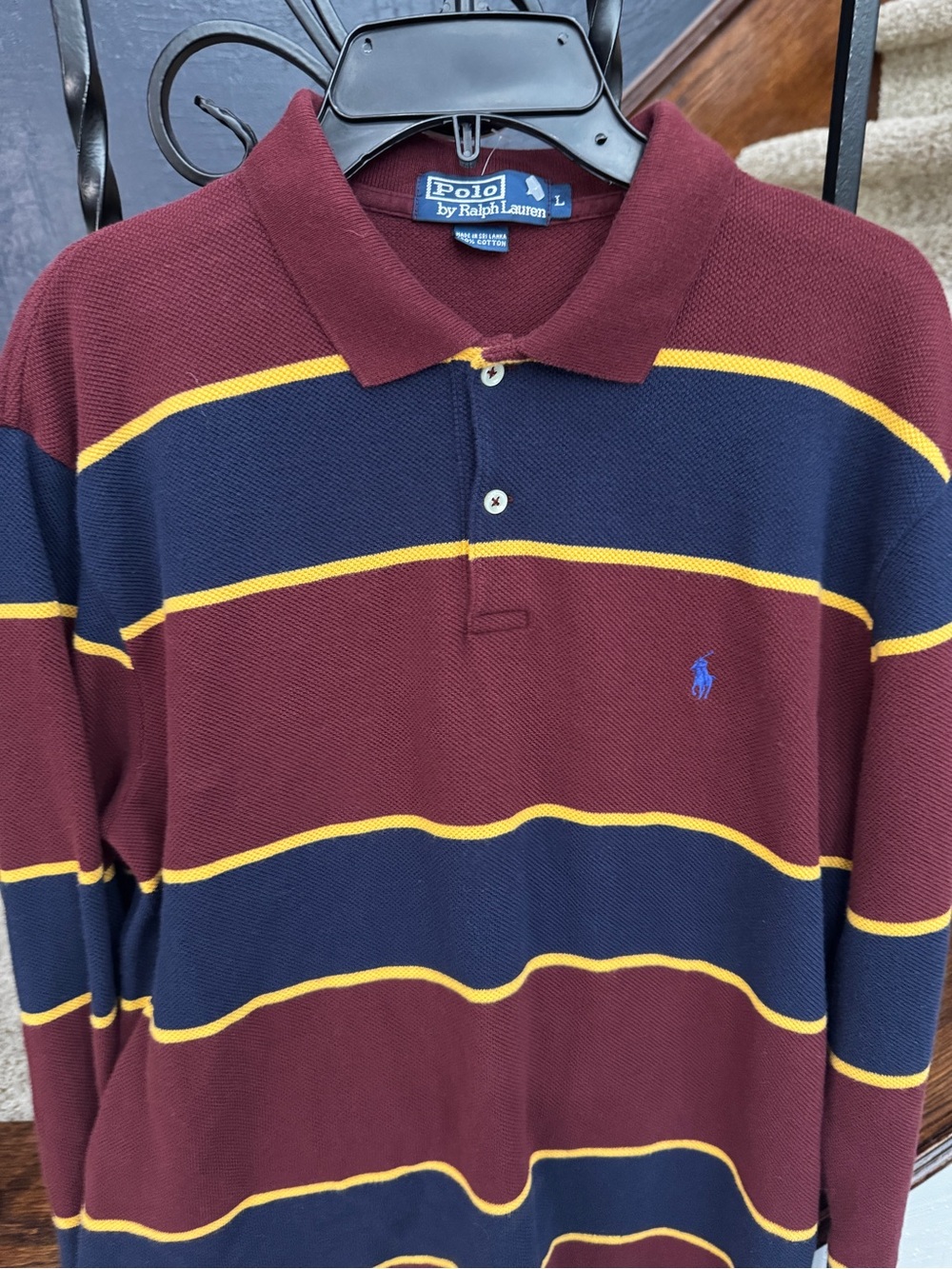 Large Polo Ralph Lauren Men's Burgundy & Navy Striped Polo Shirt